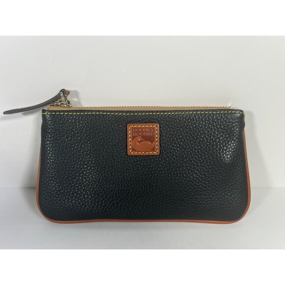 Dooney & Bourke Black Pebbled Leather Zip Wallet With Tan Trim & Gold Accents Co - Picture 1 of 6